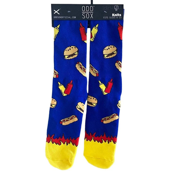 ODD SOX Fits 6-11 Mens Cozy Fall Socks One Pair Fall/Winter Hamburger Ketchup - Picture 1 of 5